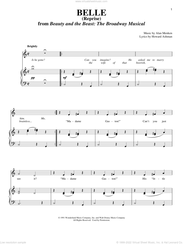 Belle (Reprise) (from Beauty And The Beast) sheet music for voice and piano by Alan Menken and Howard Ashman, intermediate skill level
