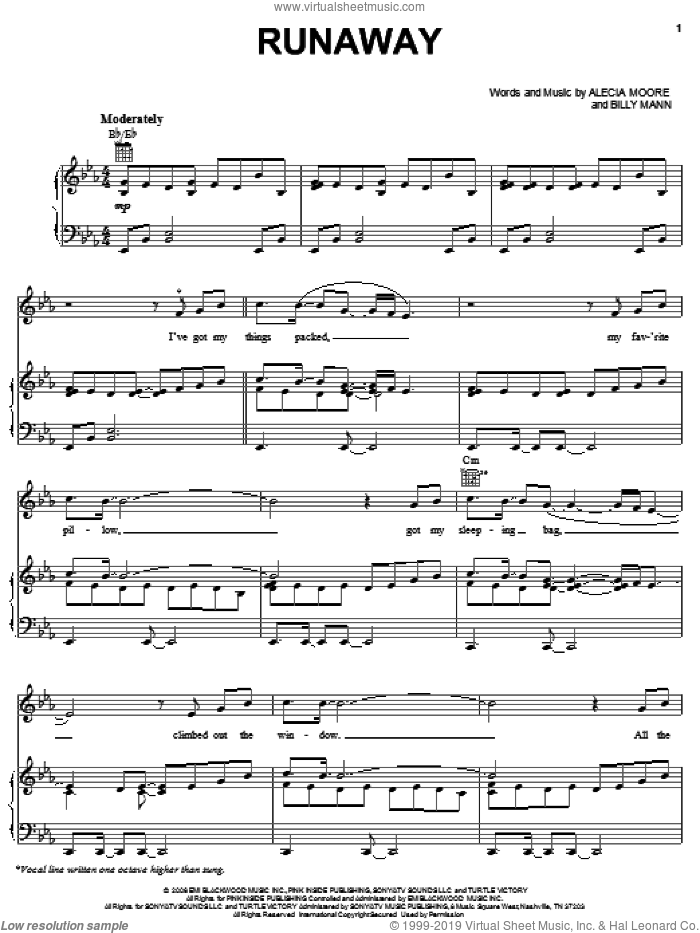 Runaway sheet music for voice, piano or guitar by Billy Mann, Miscellaneous and Alecia Moore, intermediate skill level