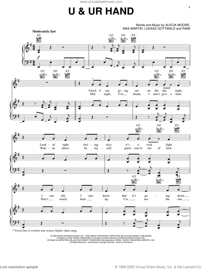U and UR Hand sheet music for voice, piano or guitar by Max Martin, Miscellaneous, Alecia Moore, Lukasz Gottwald and Rami, intermediate skill level