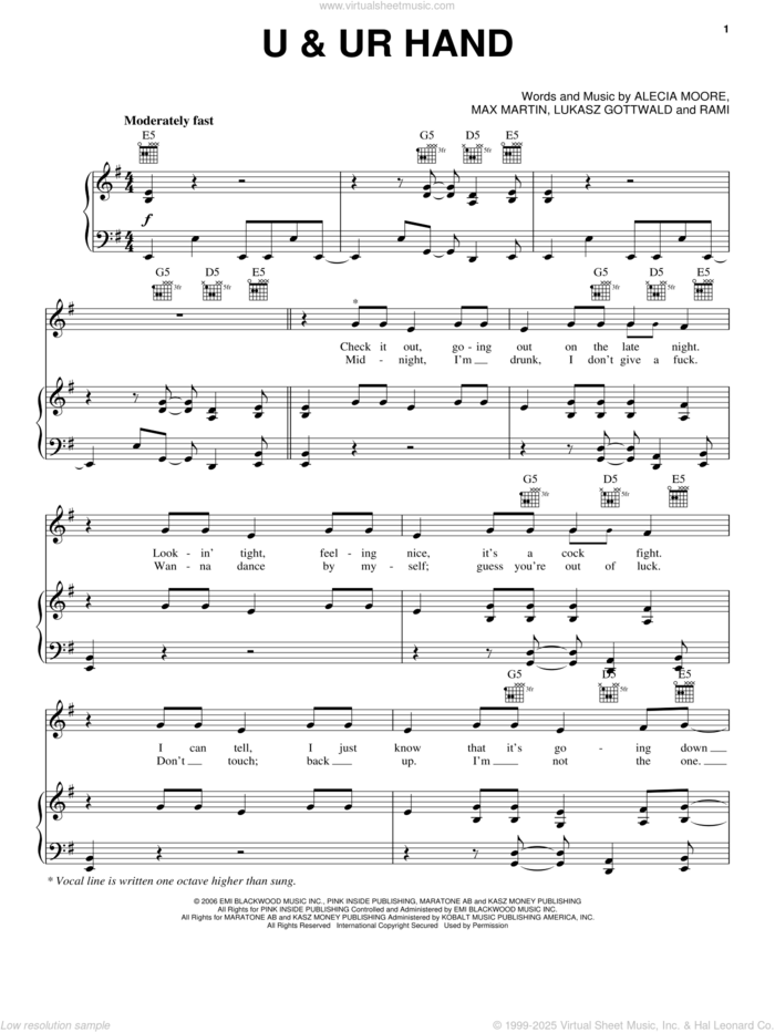 U and UR Hand sheet music for voice, piano or guitar by Max Martin, Miscellaneous, P!nk, Alecia Moore, Lukasz Gottwald and Rami, intermediate skill level