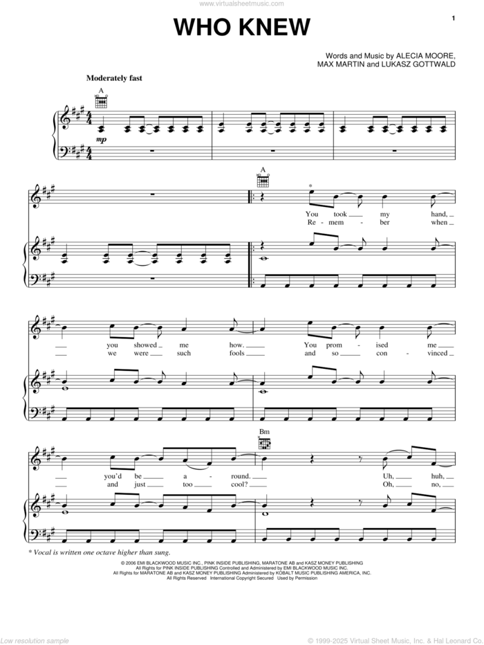 Who Knew sheet music for voice, piano or guitar by Max Martin, Miscellaneous, P!nk, Alecia Moore and Lukasz Gottwald, intermediate skill level