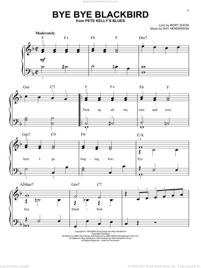 Bye Bye Blackbird sheet music for piano solo by Mort Dixon and Ray Henderson, easy skill level