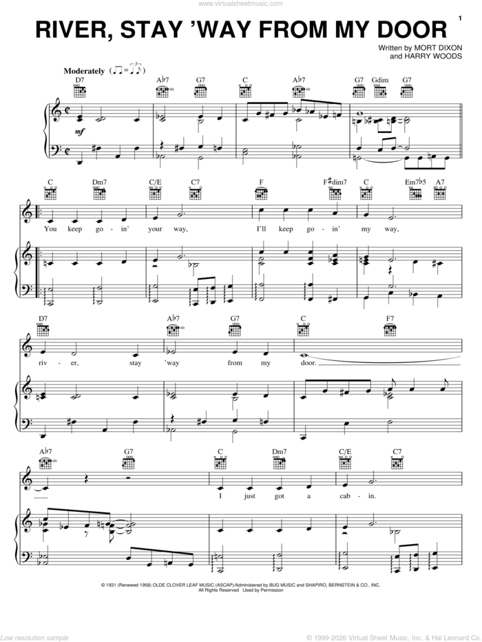 River, Stay 'Way From My Door sheet music for voice, piano or guitar by Frank Sinatra, Harry Woods and Mort Dixon, intermediate skill level
