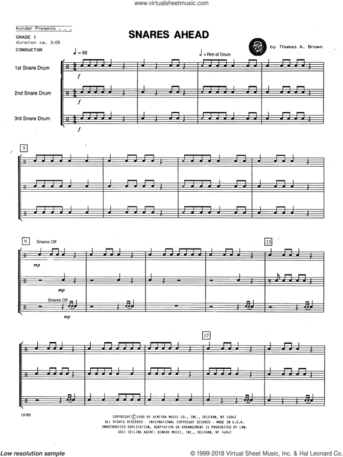 Snares Ahead (COMPLETE) sheet music for percussions by Thomas A. Brown, intermediate skill level