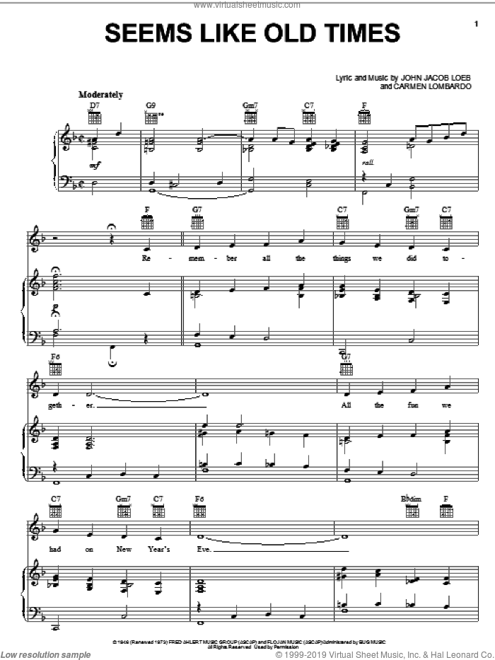 Seems Like Old Times sheet music for voice, piano or guitar by John Jacob Loeb and Carmen Lombardo, intermediate skill level