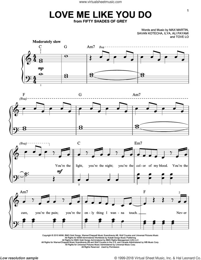 Love Me Like You Do, (easy) sheet music for piano solo by Ellie Goulding, Ali Payami, Ilya, Max Martin, Savan Kotecha and Tove Lo, easy skill level