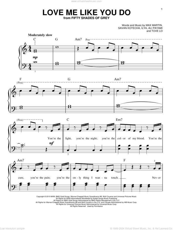 Love Me Like You Do, (easy) sheet music for piano solo by Ellie Goulding, Ali Payami, Ilya, Max Martin, Savan Kotecha and Tove Lo, easy skill level