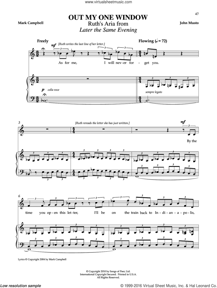 Out My One Window sheet music for voice and piano by John Musto and Mark Campbell, classical score, intermediate skill level