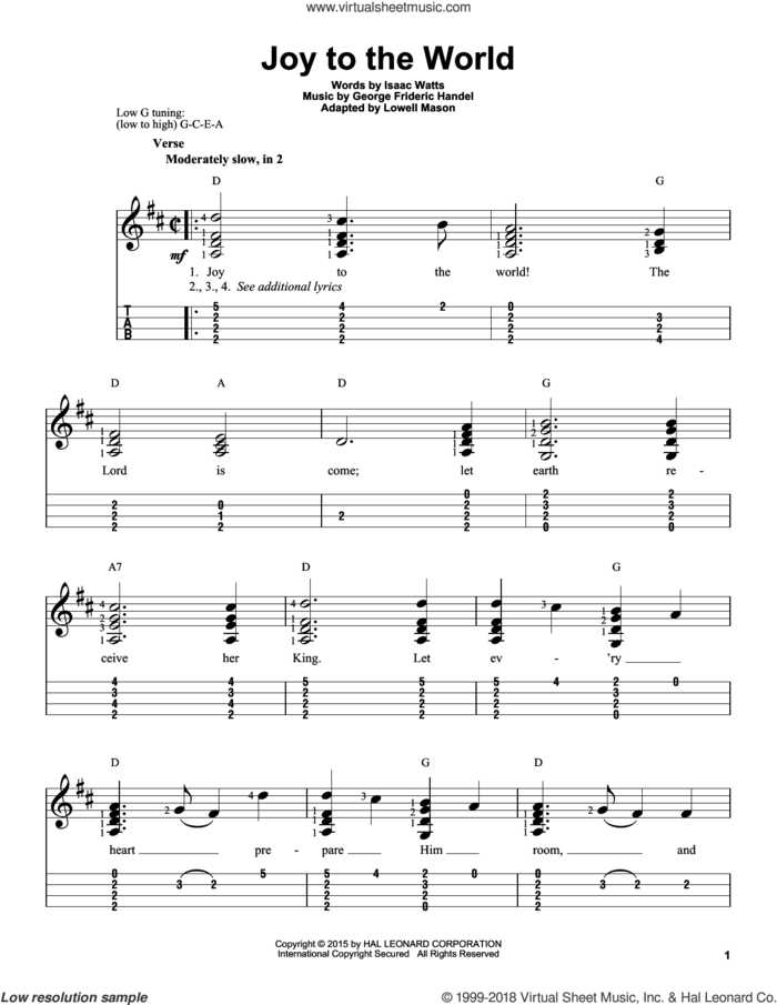 Joy To The World sheet music for ukulele (easy tablature) (ukulele easy tab) by George Frideric Handel, Isaac Watts and Lowell Mason, intermediate skill level