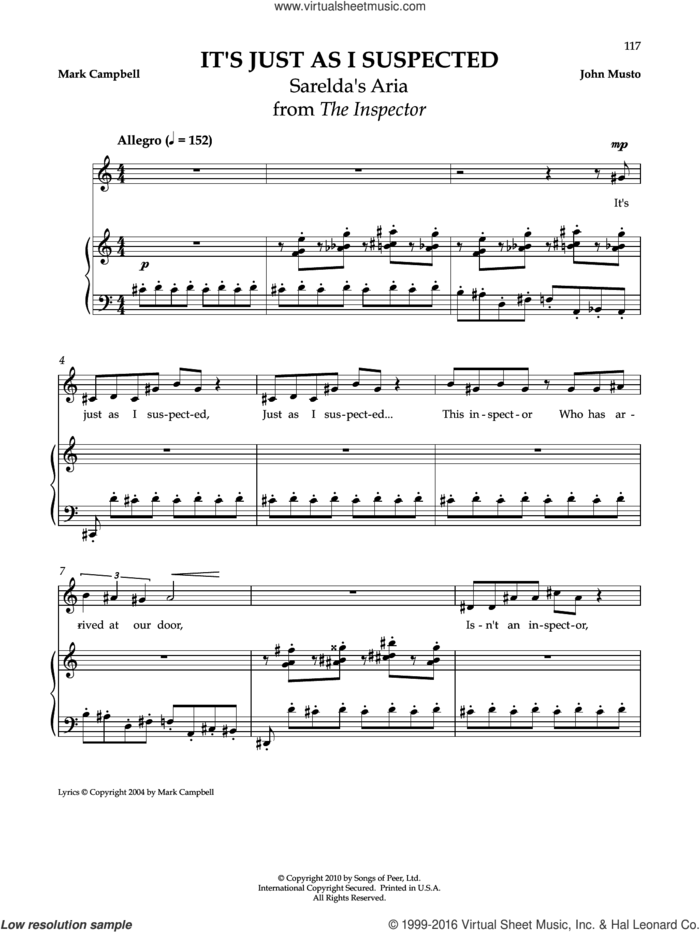 It's Just As I Suspected sheet music for voice and piano by Mark Campbell and John Musto, classical score, intermediate skill level