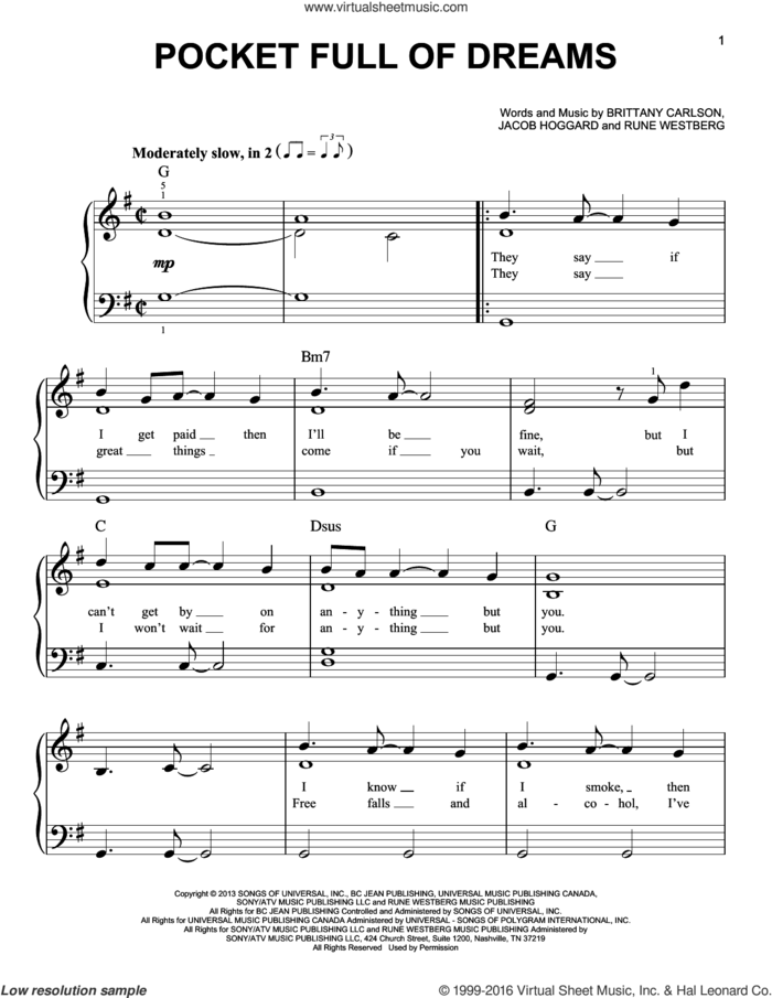 Pocket Full Of Dreams sheet music for piano solo by Hedley, Brittany Carlson, Jacob Hoggard and Rune Westberg, easy skill level