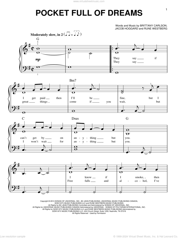 Pocket Full Of Dreams sheet music for piano solo by Hedley, Brittany Carlson, Jacob Hoggard and Rune Westberg, easy skill level