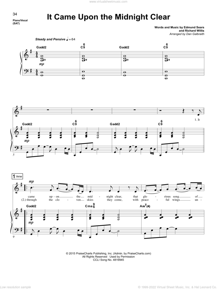 It Came Upon The Midnight Clear sheet music for voice and piano by Dan Galbraith, Edmund Sears and Richard Willis, intermediate skill level