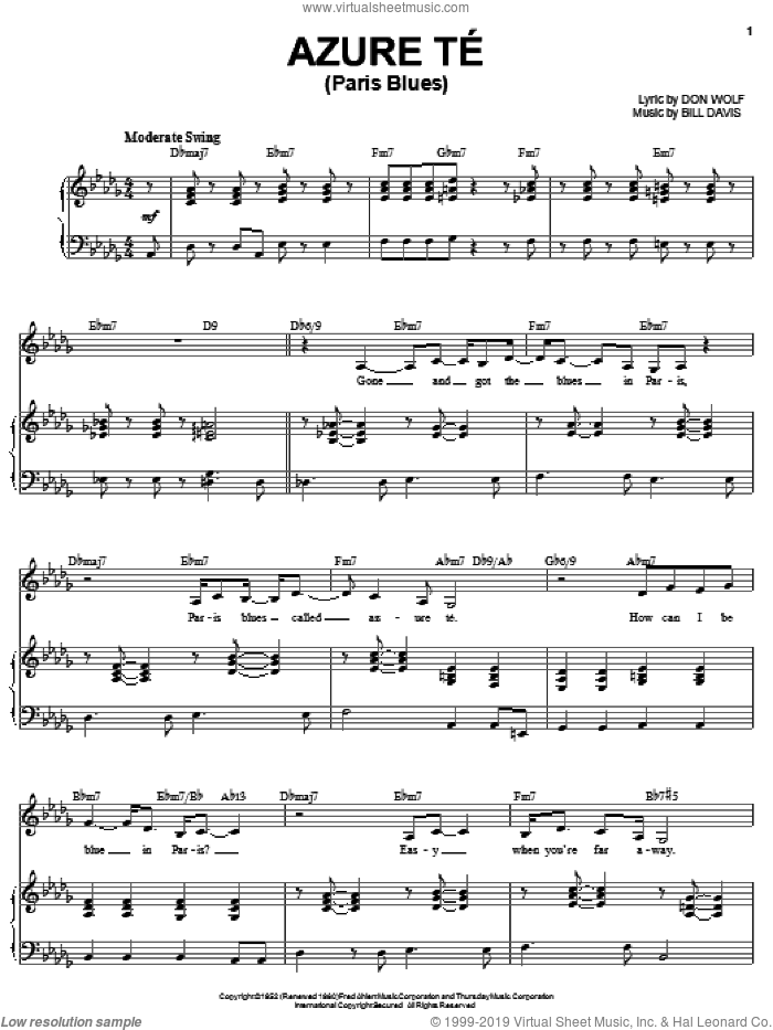 Azure-Te (Paris Blues) sheet music for voice, piano or guitar by Karrin Allyson, Frank Sinatra, Bill Davis and Don Wolf, intermediate skill level