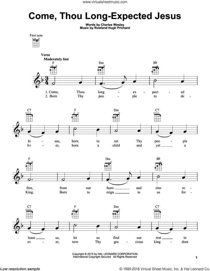 Come, Thou Long-Expected Jesus sheet music for ukulele by Charles Wesley and Rowland Prichard, intermediate skill level