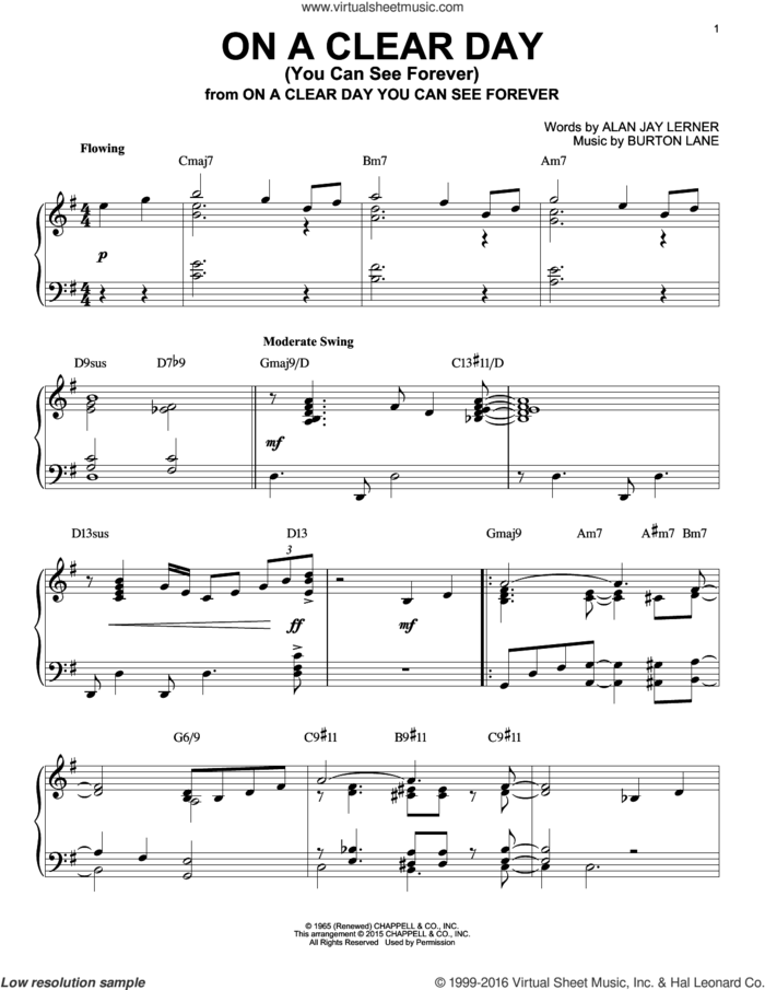 On A Clear Day (You Can See Forever) [Jazz version] (arr. Brent Edstrom) sheet music for piano solo by Burton Lane and Alan Jay Lerner, intermediate skill level