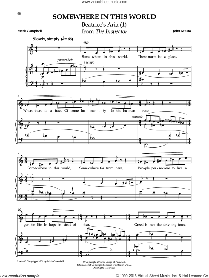 Somewhere In This World sheet music for voice and piano by John Musto & Mark Campbell, John Musto and Mark Campbell, classical score, intermediate skill level