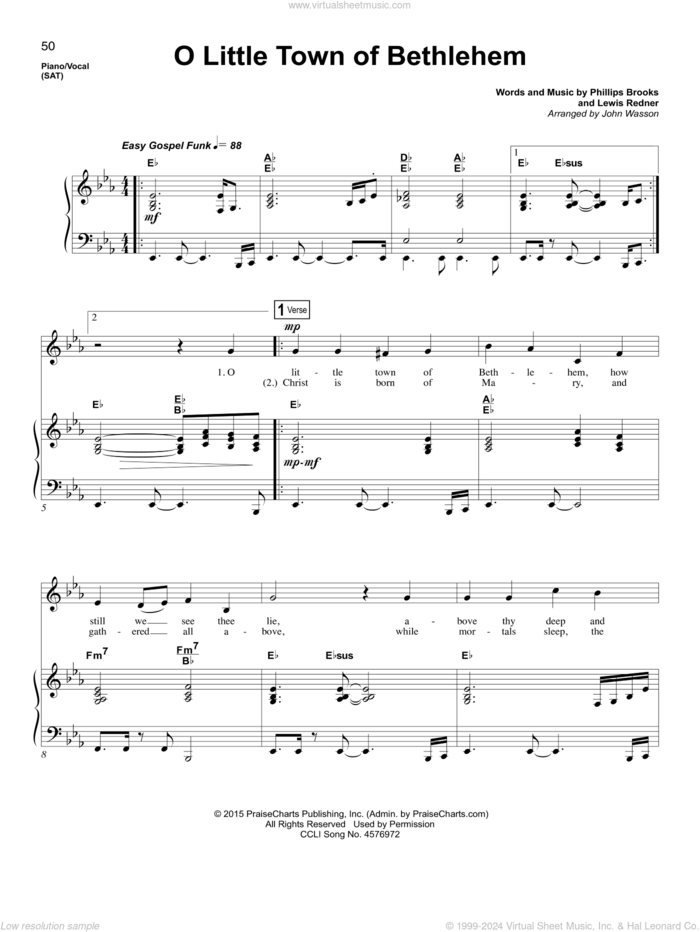 O Little Town Of Bethlehem sheet music for voice and piano by Phillips Brooks, John Wasson and Lewis Redner, intermediate skill level