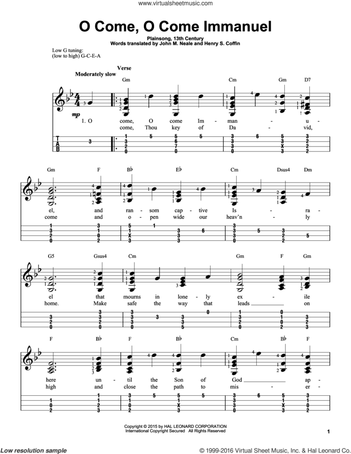 O Come, O Come Immanuel sheet music for ukulele (easy tablature) (ukulele easy tab) by Plainsong, 13th Century, John Mason Neale and Henry S. Coffin (trans.), intermediate skill level