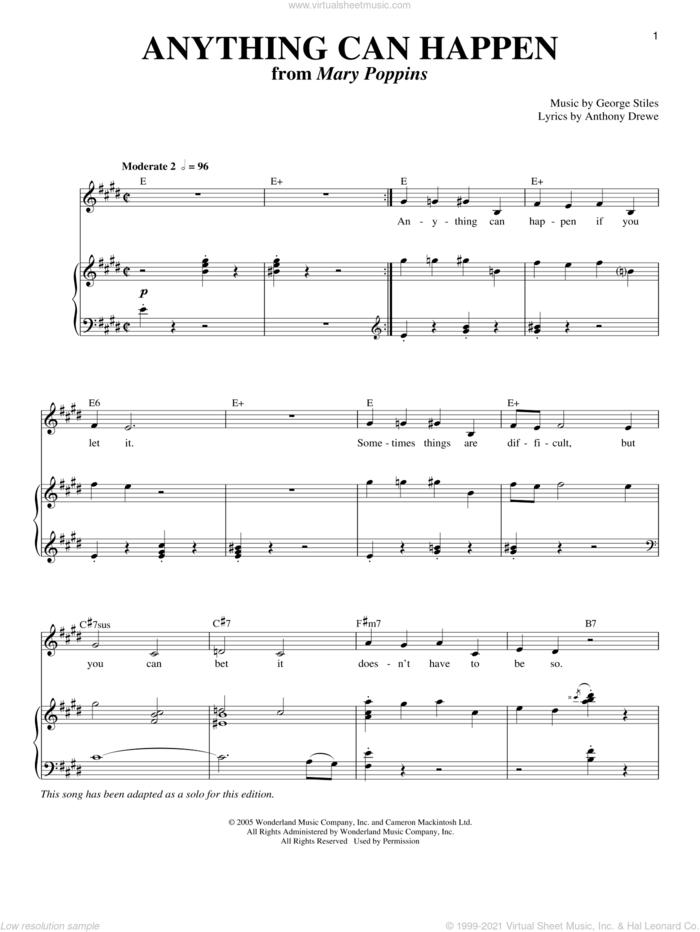 Anything Can Happen sheet music for voice and piano by Anthony Drewe and George Stiles, intermediate skill level