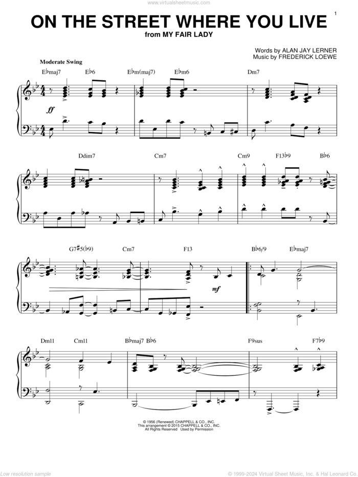 On The Street Where You Live [Jazz version] (arr. Brent Edstrom) sheet music for piano solo by Dennis De Young, Vic Damone, Alan Jay Lerner and Frederick Loewe, intermediate skill level