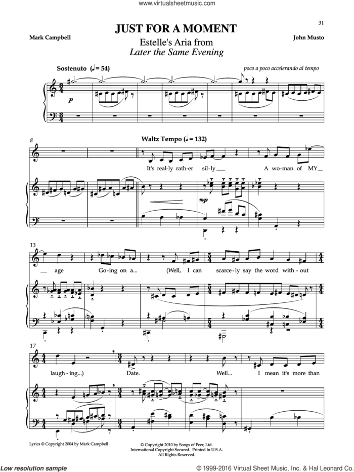 Just For A Moment sheet music for voice and piano by John Musto & Mark Campbell, John Musto and Mark Campbell, classical score, intermediate skill level