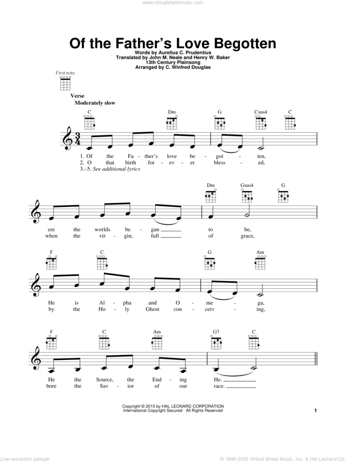 Of The Father's Love Begotten sheet music for ukulele by Aurelius C. Prudentius, 13th Century Plainsong, C. Winfred Douglas, Henry W. Baker and John Mason Neale, intermediate skill level