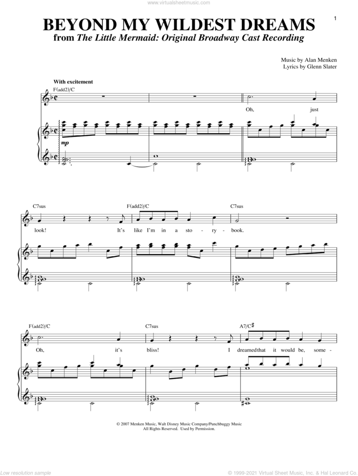 Beyond My Wildest Dreams sheet music for voice and piano by Alan Menken and Glenn Slater, intermediate skill level