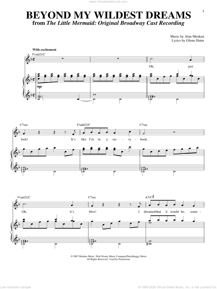 Beyond My Wildest Dreams sheet music for voice and piano by Alan Menken and Glenn Slater, intermediate skill level