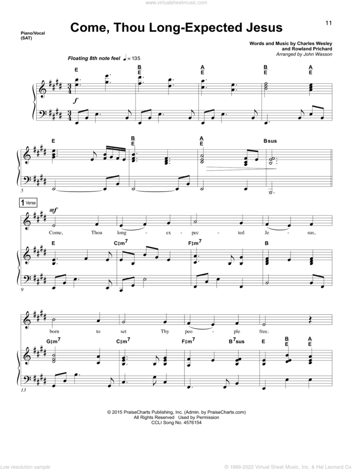 Come, Thou Long-Expected Jesus sheet music for voice and piano by Charles Wesley, John Wasson and Rowland Prichard, intermediate skill level
