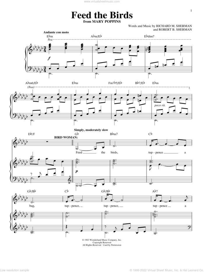 Feed The Birds (Tuppence A Bag) (from Mary Poppins: The Musical) sheet music for voice and piano by Richard & Robert Sherman, Sherman Brothers, Richard M. Sherman and Robert B. Sherman, intermediate skill level