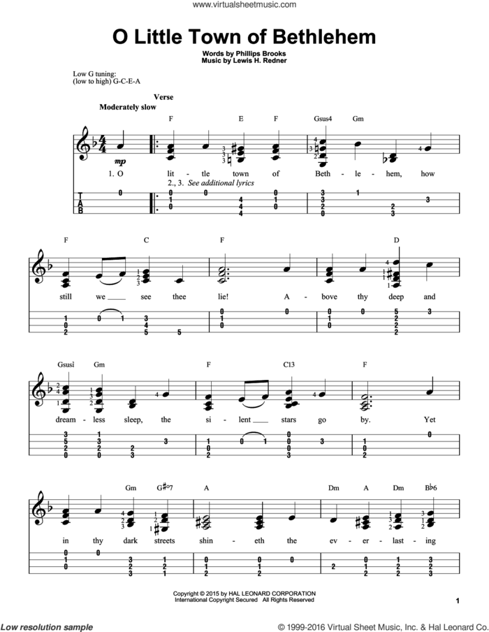 O Little Town Of Bethlehem sheet music for ukulele (easy tablature) (ukulele easy tab) by Phillips Brooks and Lewis Redner, intermediate skill level