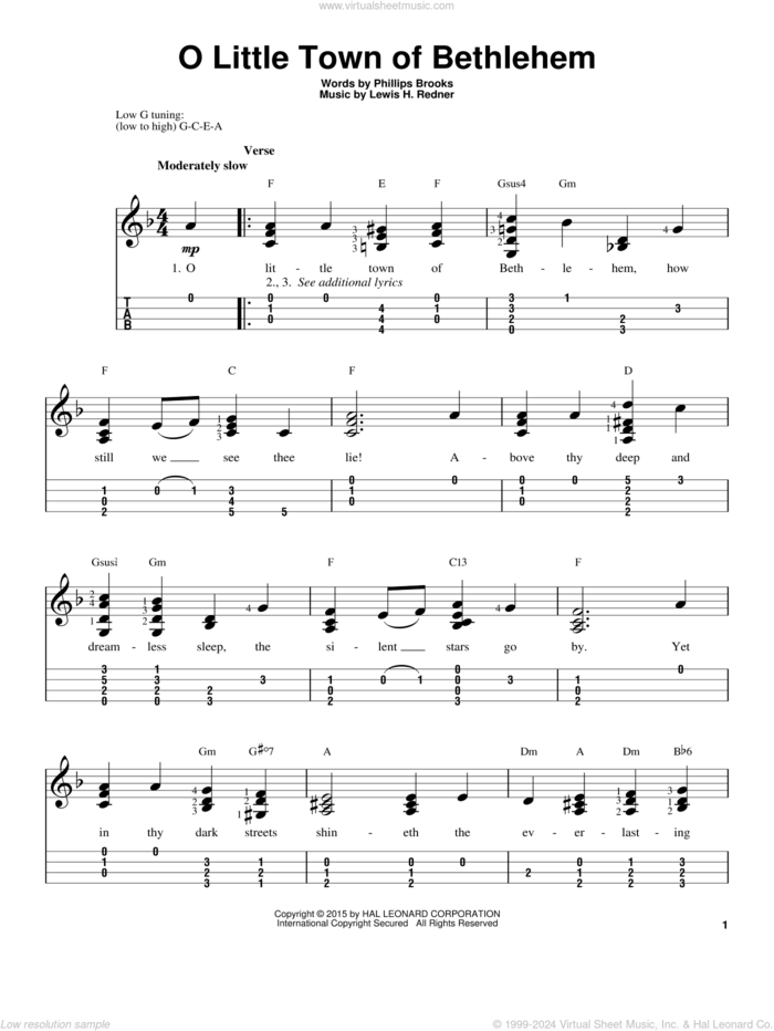 O Little Town Of Bethlehem sheet music for ukulele (easy tablature) (ukulele easy tab) by Phillips Brooks and Lewis Redner, intermediate skill level