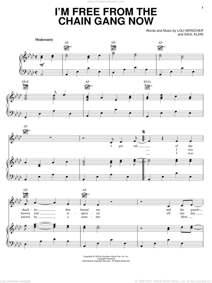 I'm Free From The Chain Gang Now sheet music for voice, piano or guitar by Johnny Cash, Jimmie Rodgers, Lou Herscher and Saul Klein, intermediate skill level