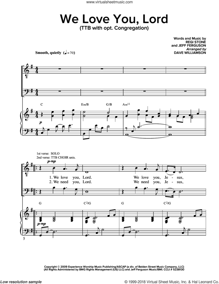 We Love You Lord sheet music for choir (SATB: soprano, alto, tenor, bass) by Regi Stone and Jeffrey Ferguson, intermediate skill level