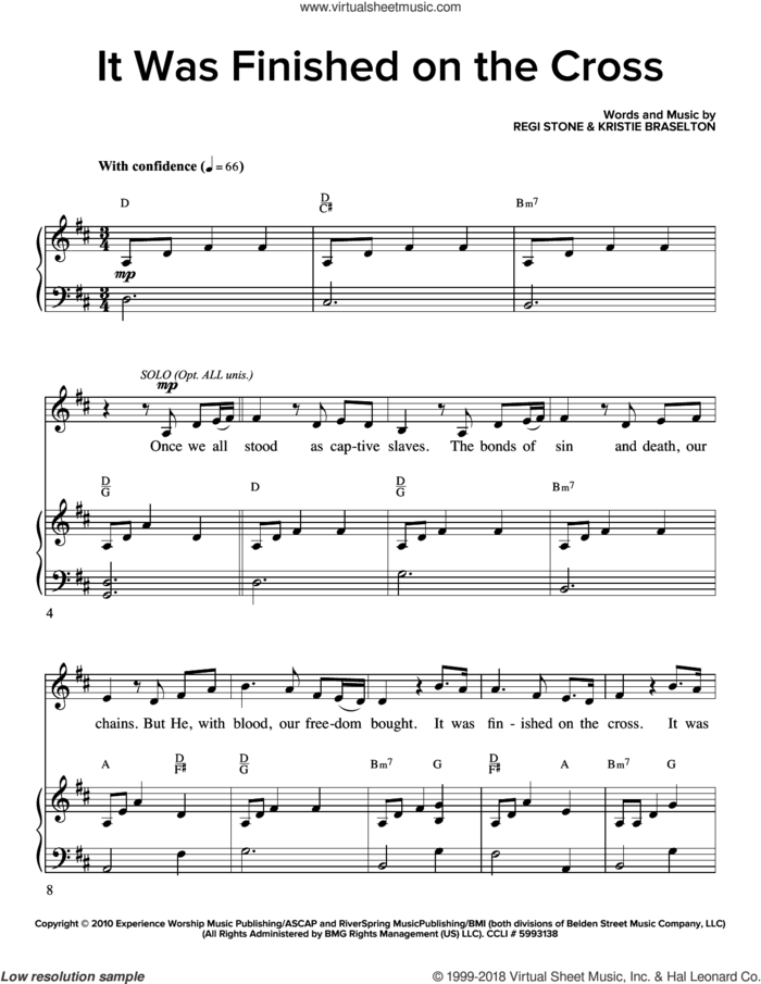 It Was Finished On The Cross sheet music for choir (SATB: soprano, alto, tenor, bass) by Regi Stone and Kristie Braselton, intermediate skill level