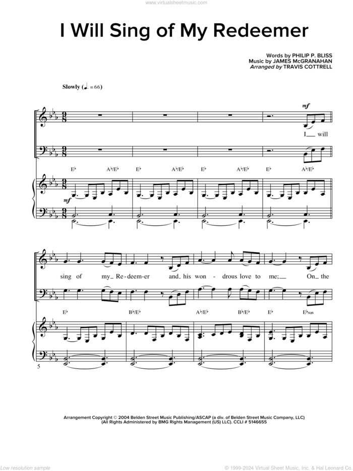 I Will Sing Of My Redeemer sheet music for choir (SATB: soprano, alto, tenor, bass) by Philip P. Bliss, James McGranahan and Travis Cottrell, intermediate skill level