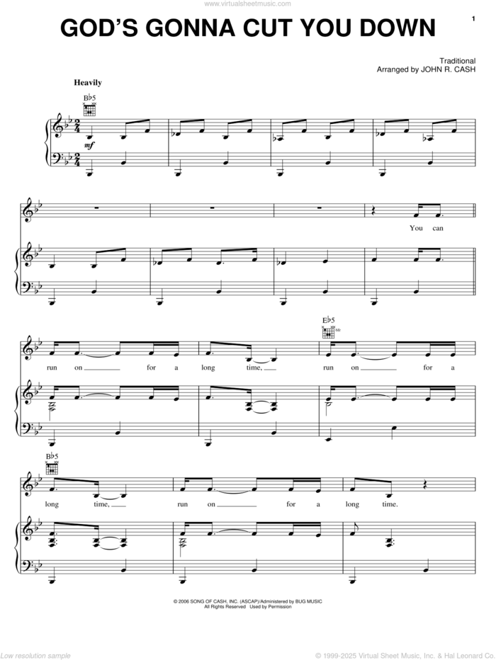 God's Gonna Cut You Down sheet music for voice, piano or guitar by Johnny Cash and Miscellaneous, intermediate skill level