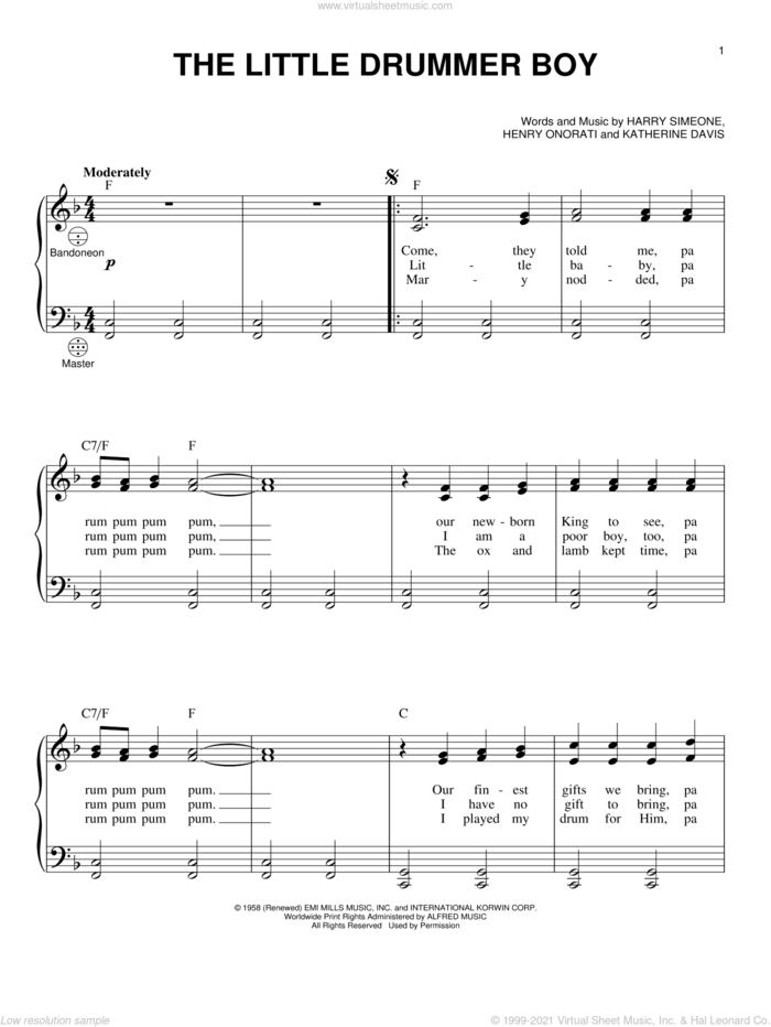 The Little Drummer Boy sheet music for accordion by Katherine Davis, Gary Meisner, Gloria Gaynor, Josh Groban featuring Andy McKee, Toby Keith, Wilson Phillips, Harry Simeone and Henry Onorati, intermediate skill level