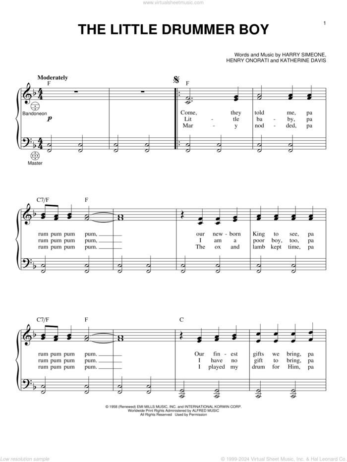 The Little Drummer Boy sheet music for accordion by Katherine Davis, Gary Meisner, Gloria Gaynor, Josh Groban featuring Andy McKee, Toby Keith, Wilson Phillips, Harry Simeone and Henry Onorati, intermediate skill level