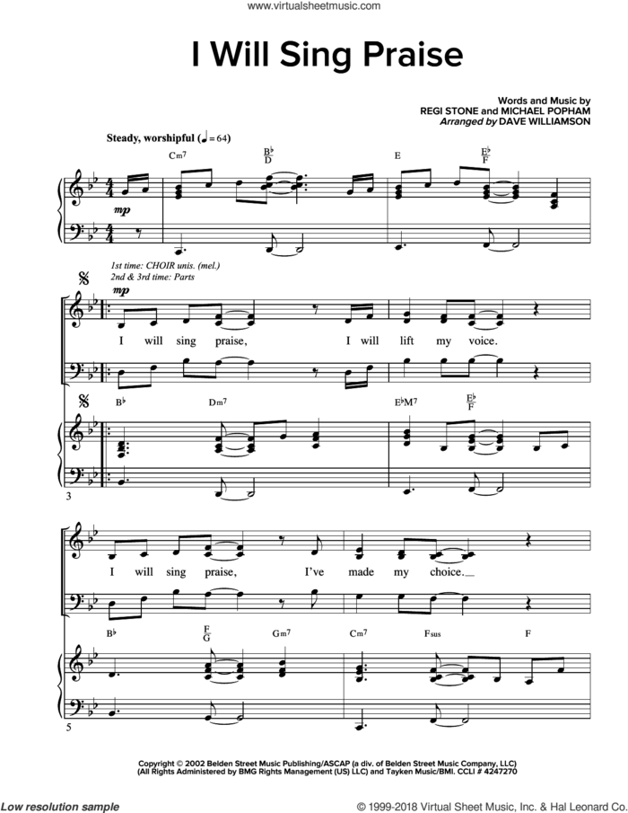 I Will Sing Praise sheet music for choir (SATB: soprano, alto, tenor, bass) by Regi Stone and Michael D. Popham, intermediate skill level