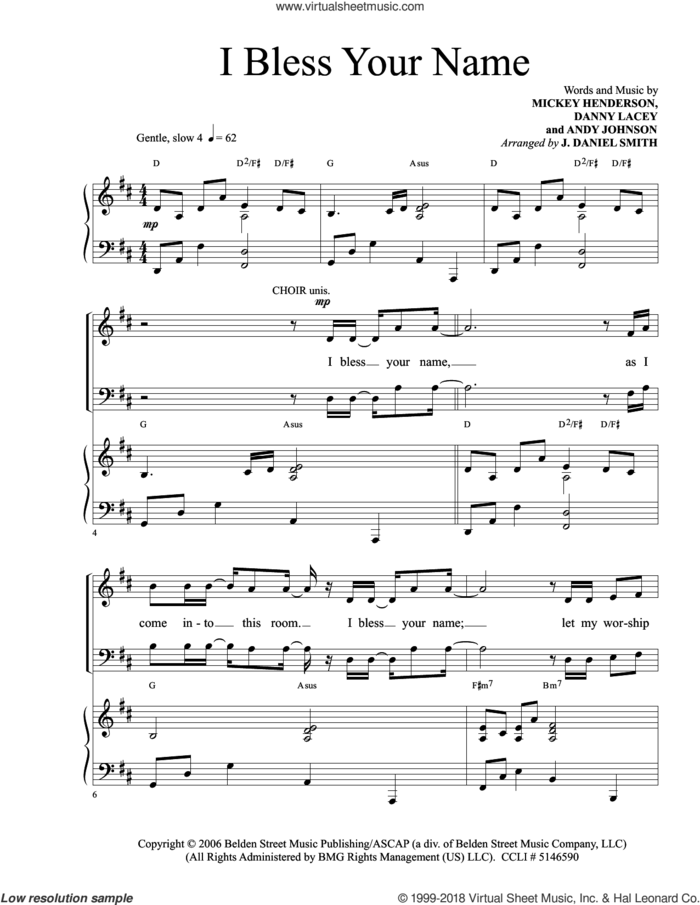 I Bless Your Name sheet music for choir (SATB: soprano, alto, tenor, bass) by Donald Henderson, Andy Johnson and Danny Lacey, intermediate skill level