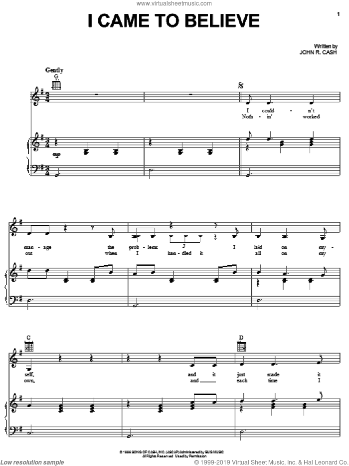 I Came To Believe sheet music for voice, piano or guitar by Johnny Cash, intermediate skill level