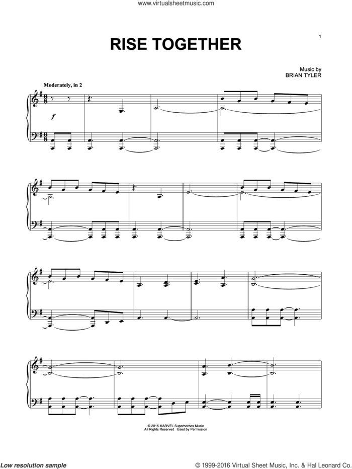 Rise Together sheet music for piano solo by Brian Tyler, intermediate skill level