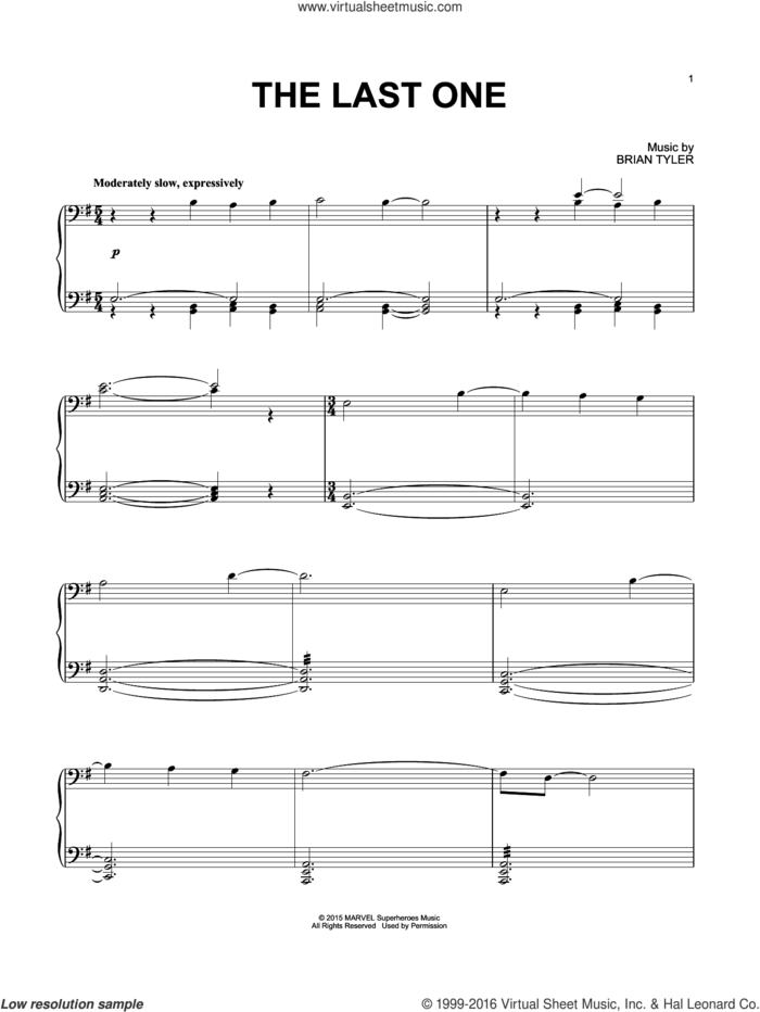 The Last One sheet music for piano solo by Brian Tyler, intermediate skill level