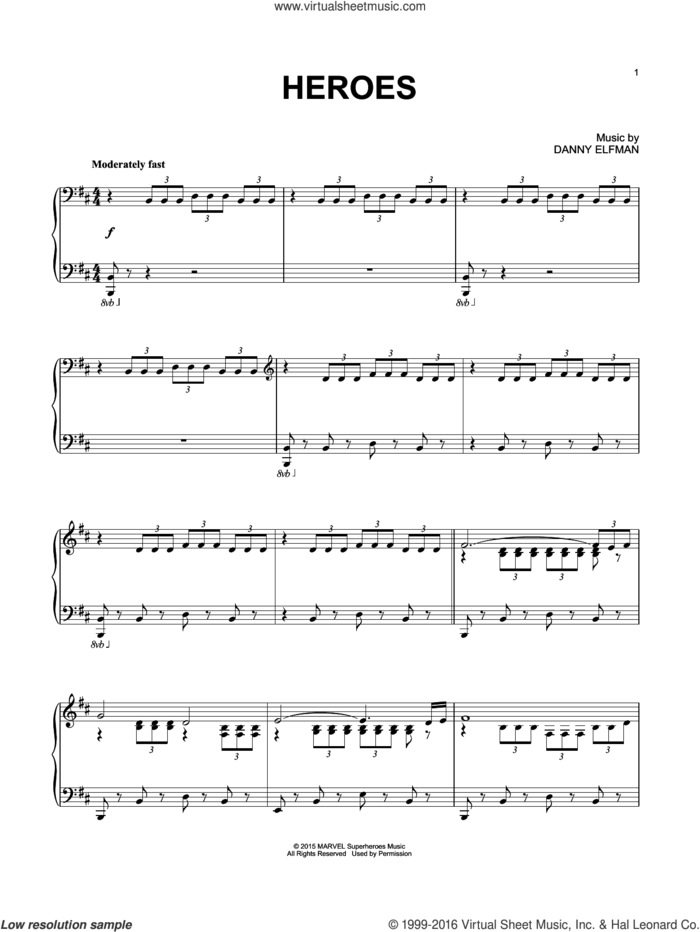 Heroes (from Avengers: Age of Ultron) sheet music for piano solo by Danny Elfman and Alan Silvestri, intermediate skill level