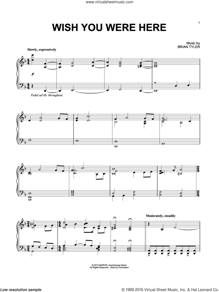 Wish You Were Here sheet music for piano solo by Brian Tyler, intermediate skill level