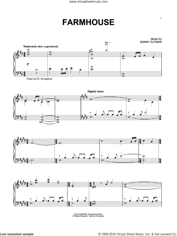 Farmhouse sheet music for piano solo by Danny Elfman, intermediate skill level