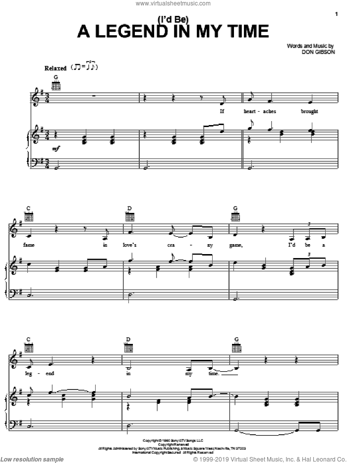 (I'd Be) A Legend In My Time sheet music for voice, piano or guitar by Johnny Cash, Ronnie Milsap and Don Gibson, intermediate skill level