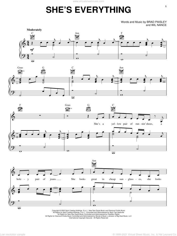 She's Everything sheet music for voice, piano or guitar by Brad Paisley and Wil Nance, intermediate skill level